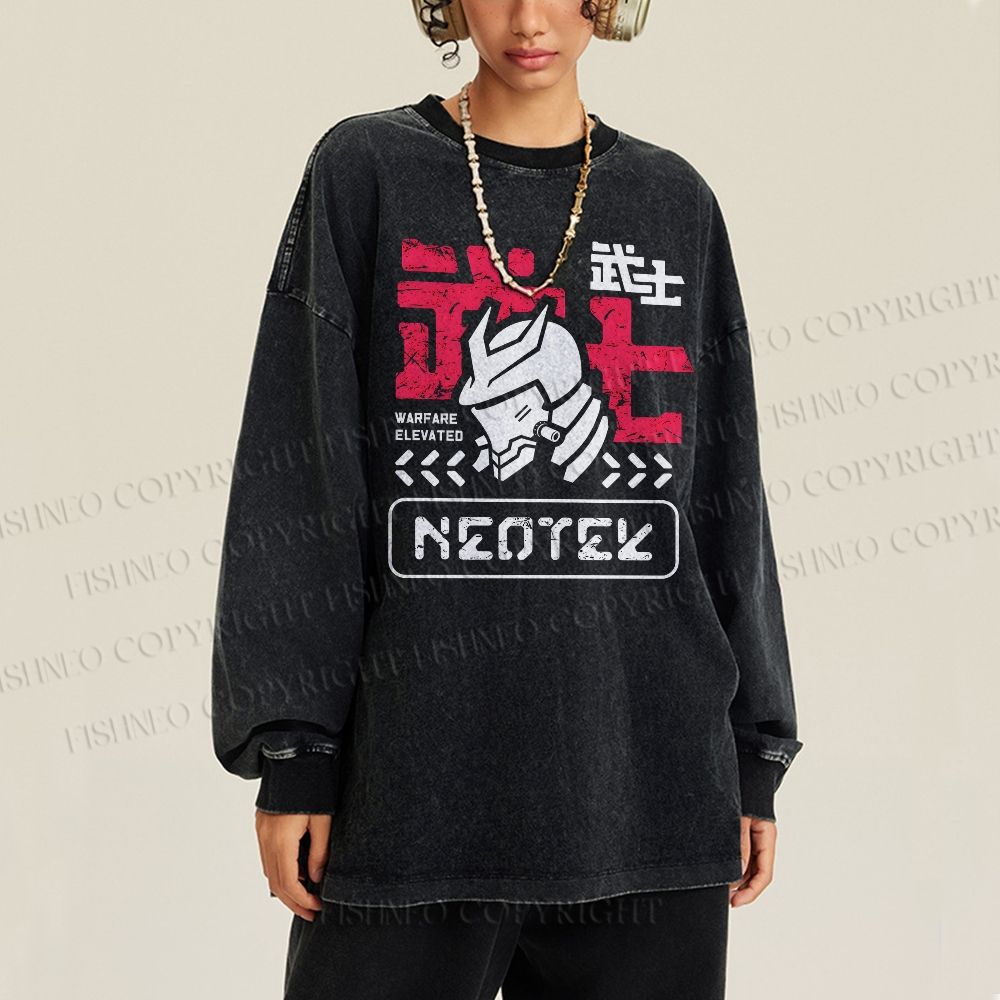 Unisex Casual Washed Samurai Printed Long Sleeve T-shirt