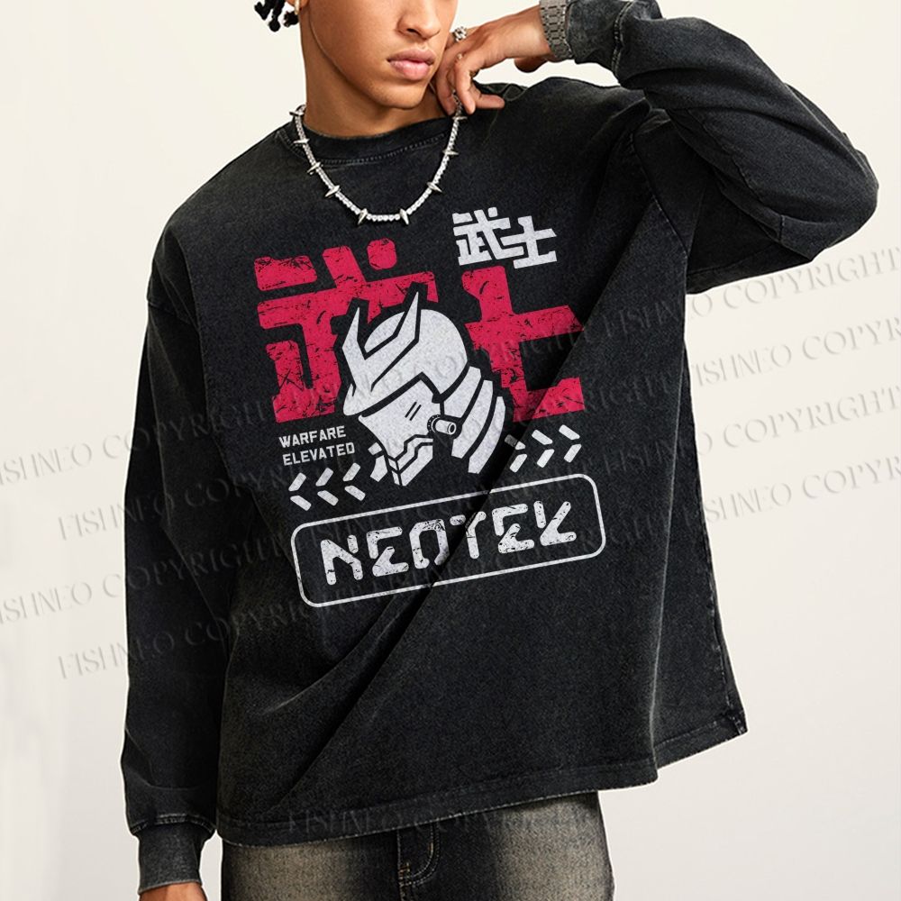 Unisex Casual Washed Samurai Printed Long Sleeve T-shirt