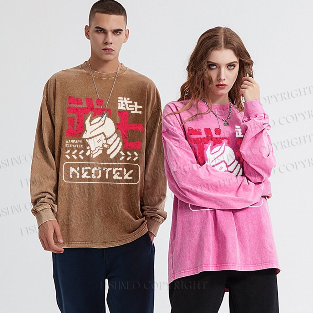 Unisex Casual Washed Samurai Printed Long Sleeve T-shirt