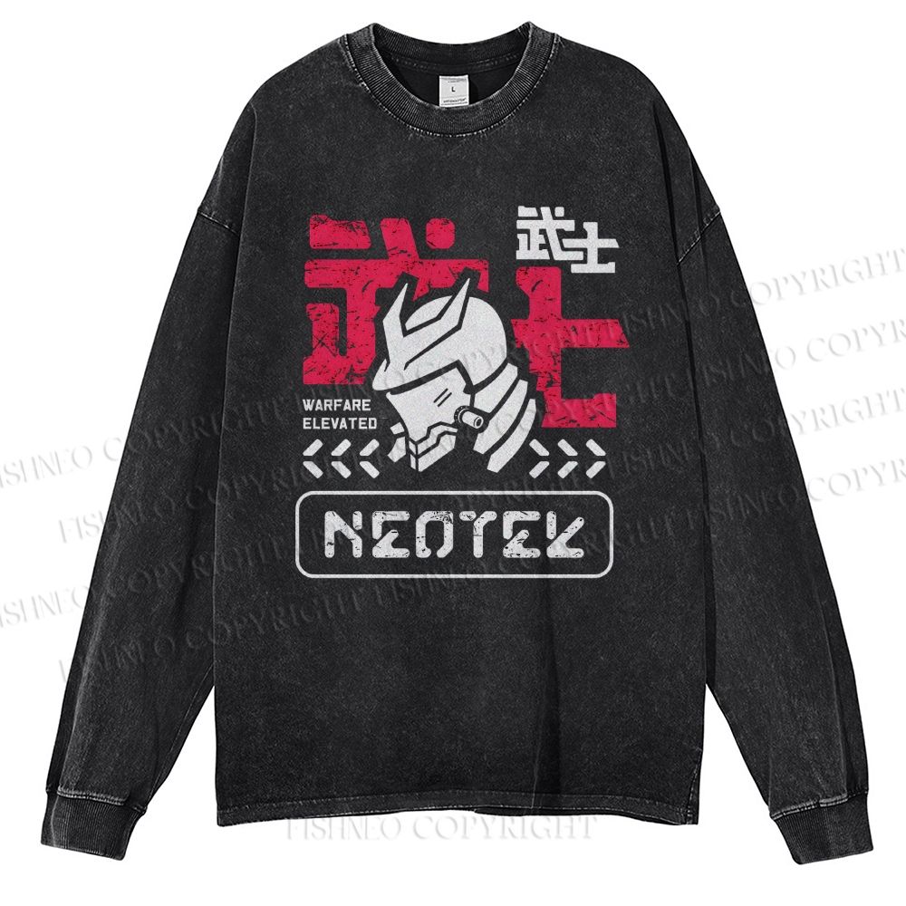 Unisex Casual Washed Samurai Printed Long Sleeve T-shirt