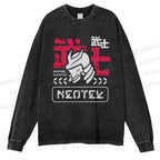 Unisex Casual Washed Samurai Printed Long Sleeve T-shirt