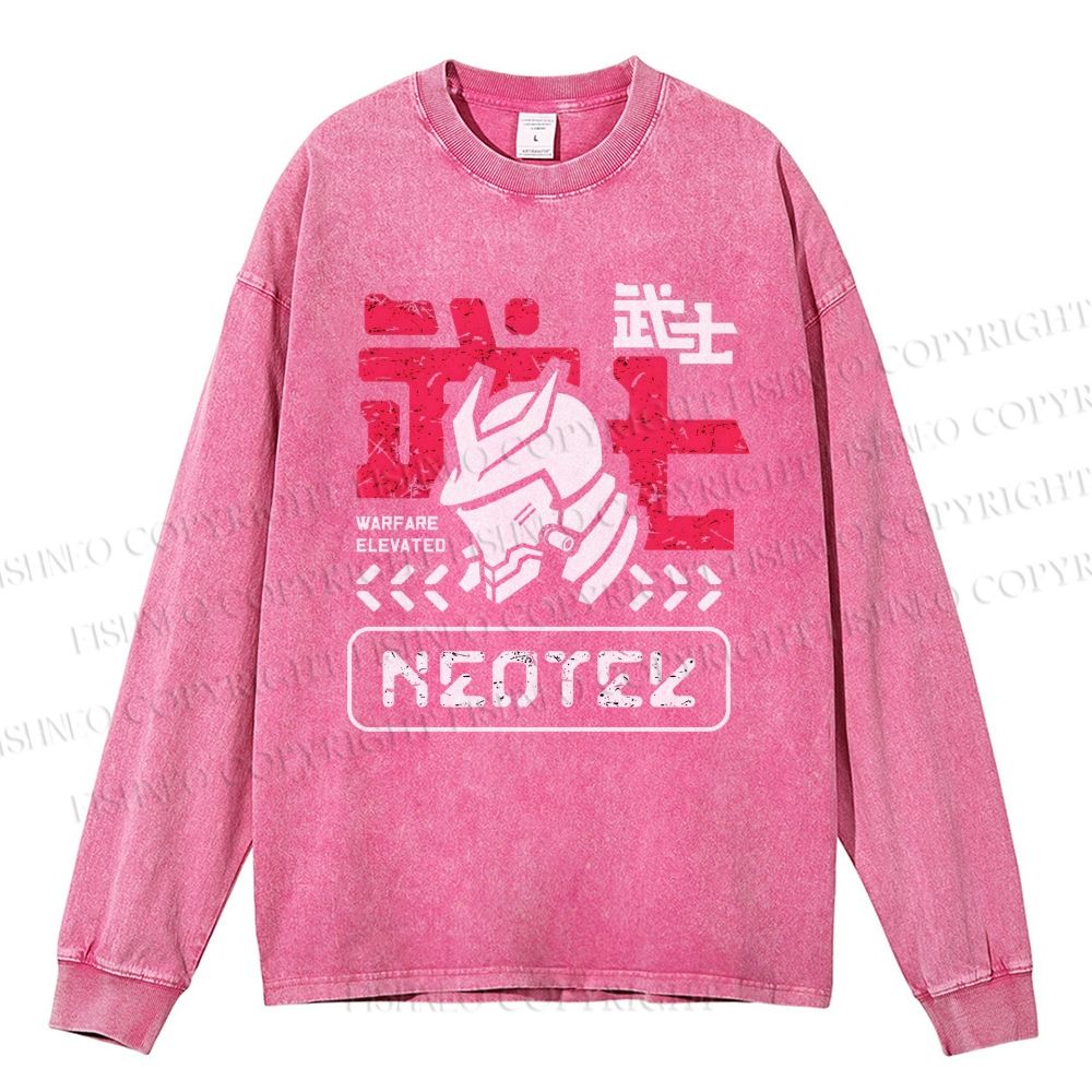 Unisex Casual Washed Samurai Printed Long Sleeve T-shirt