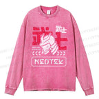 Unisex Casual Washed Samurai Printed Long Sleeve T-shirt