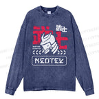 Unisex Casual Washed Samurai Printed Long Sleeve T-shirt