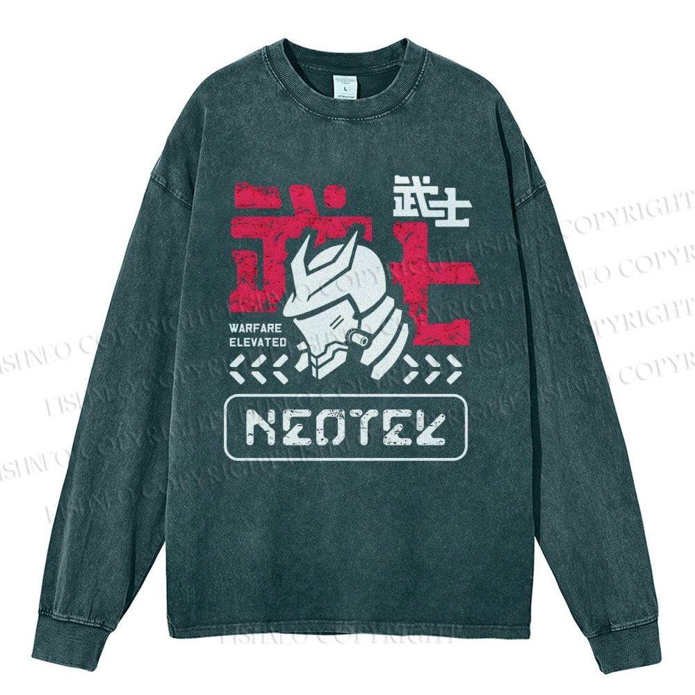Unisex Casual Washed Samurai Printed Long Sleeve T-shirt