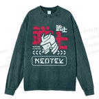 Unisex Casual Washed Samurai Printed Long Sleeve T-shirt