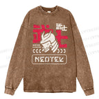 Unisex Casual Washed Samurai Printed Long Sleeve T-shirt