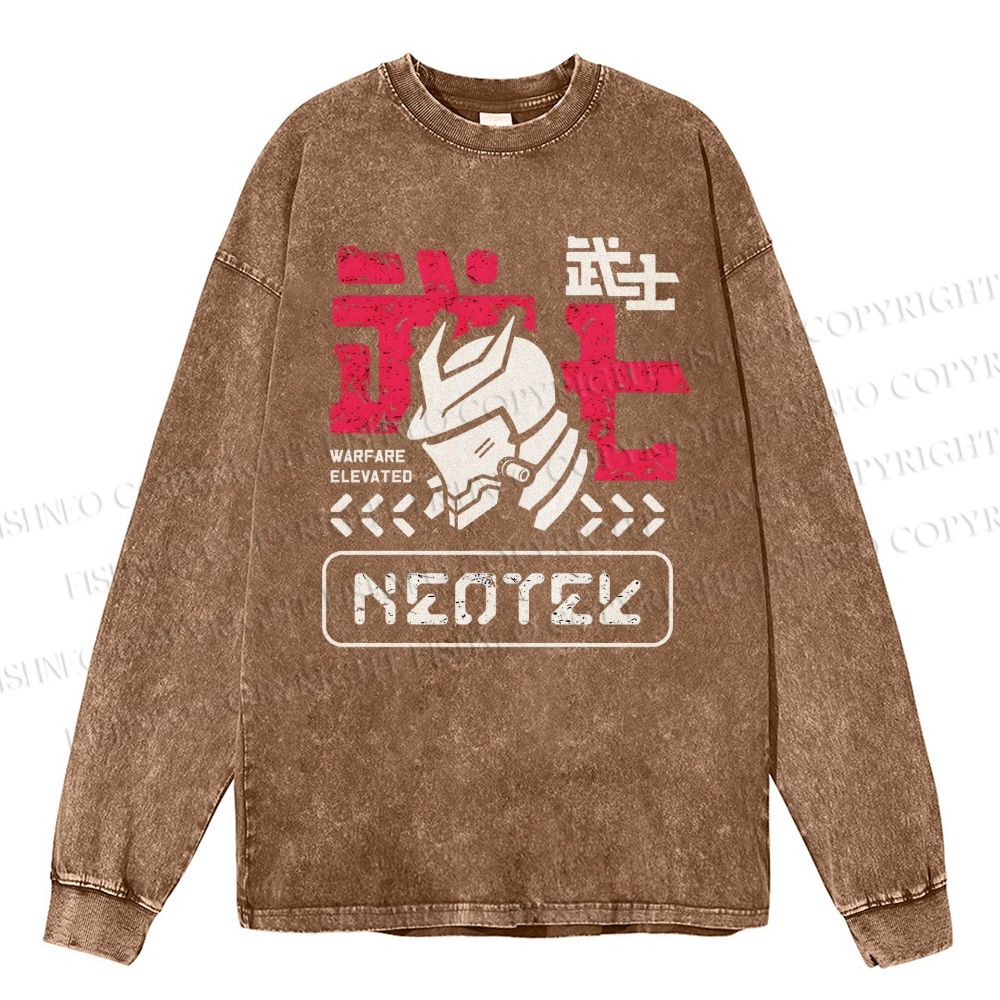 Unisex Casual Washed Samurai Printed Long Sleeve T-shirt
