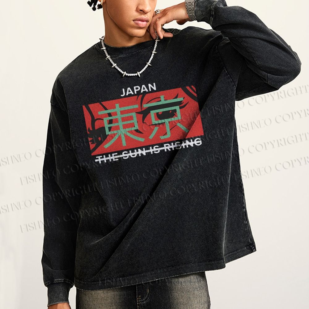 Unisex Casual Washed Japan Tokyo Printed Long Sleeve T-shirt