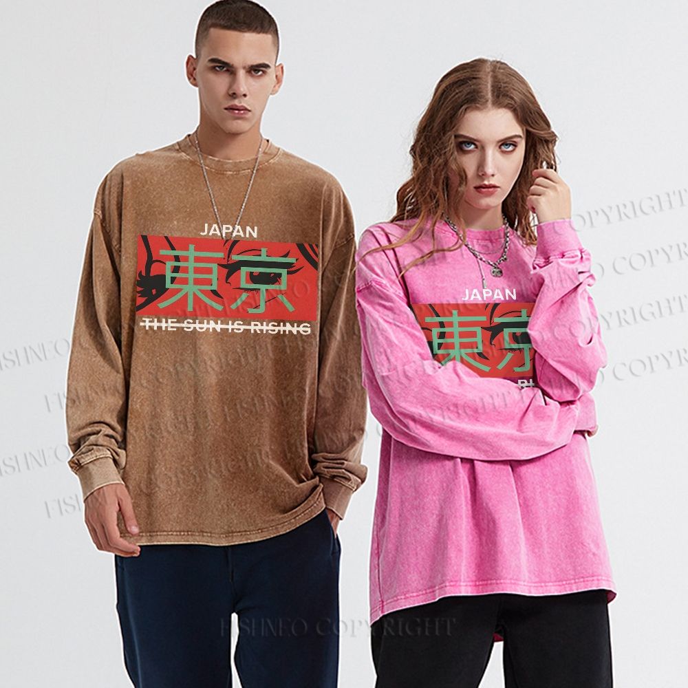 Unisex Casual Washed Japan Tokyo Printed Long Sleeve T-shirt