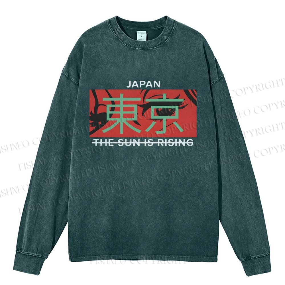 Unisex Casual Washed Japan Tokyo Printed Long Sleeve T-shirt