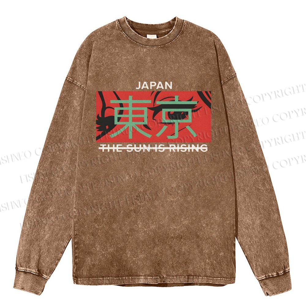 Unisex Casual Washed Japan Tokyo Printed Long Sleeve T-shirt