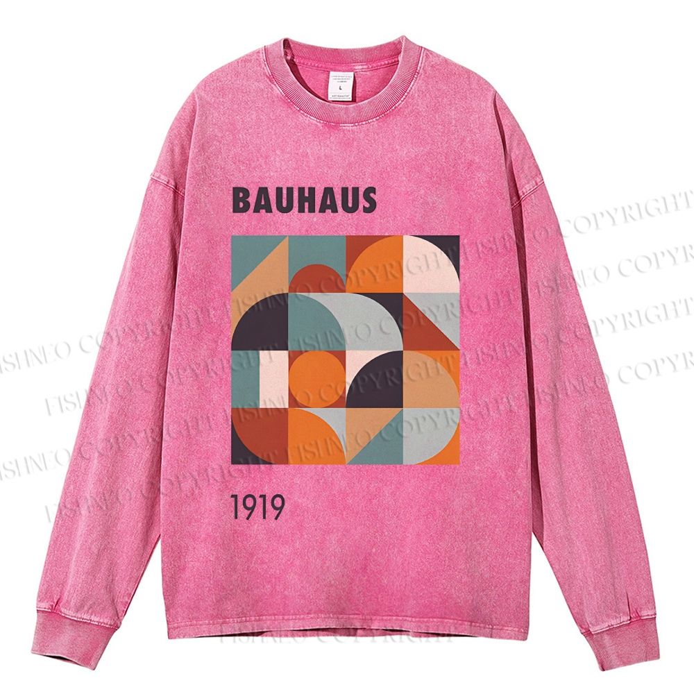 Unisex Casual Washed Bauhaus Colored Geometry Printed Long Sleeve T-shirt