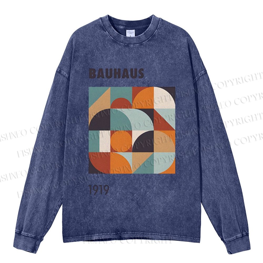 Unisex Casual Washed Bauhaus Colored Geometry Printed Long Sleeve T-shirt