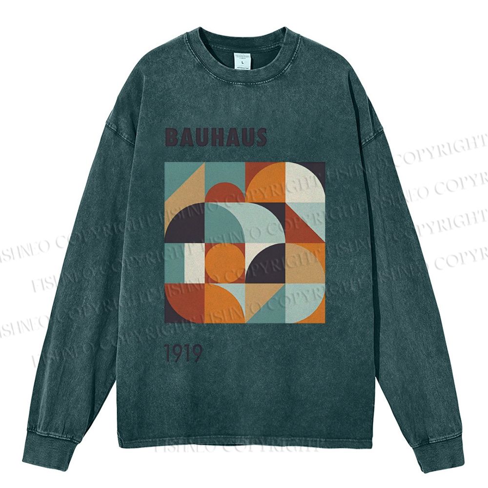 Unisex Casual Washed Bauhaus Colored Geometry Printed Long Sleeve T-shirt