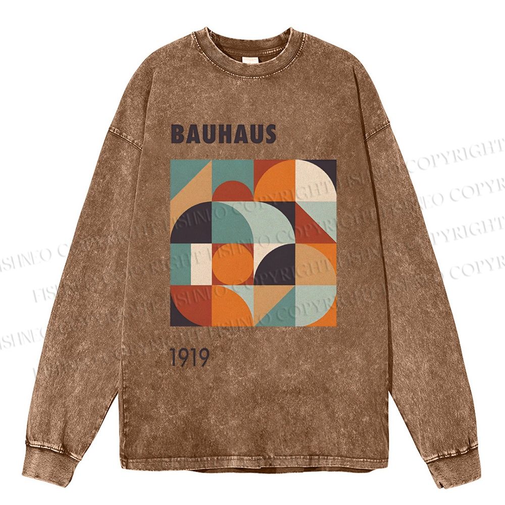 Unisex Casual Washed Bauhaus Colored Geometry Printed Long Sleeve T-shirt