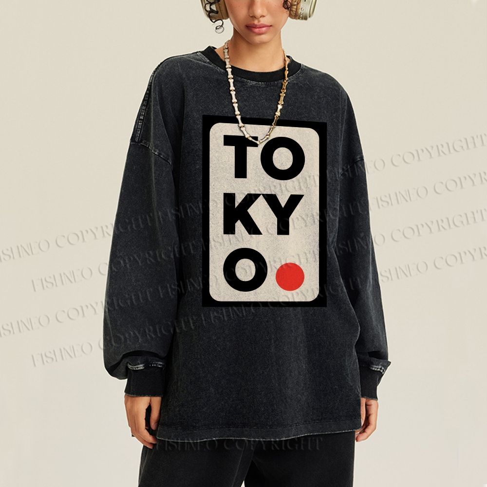 Unisex Casual Washed Tokyo Printed Long Sleeve T-shirt
