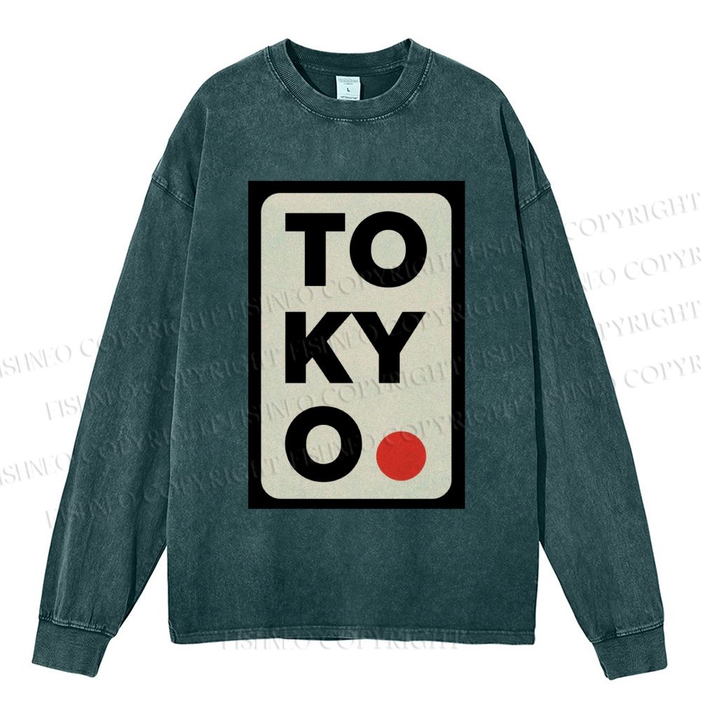 Unisex Casual Washed Tokyo Printed Long Sleeve T-shirt