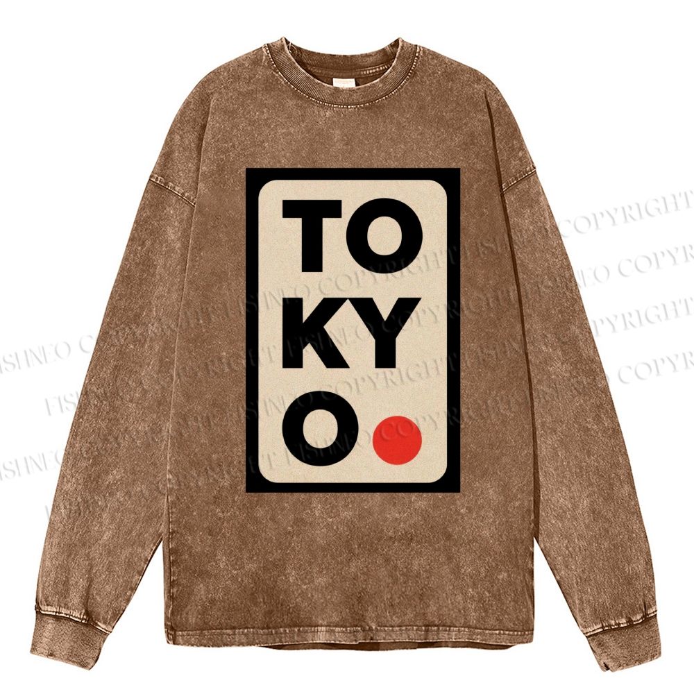 Unisex Casual Washed Tokyo Printed Long Sleeve T-shirt