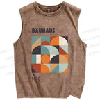 Unisex Bauhaus Colored Geometry Printed Washed Tank Top
