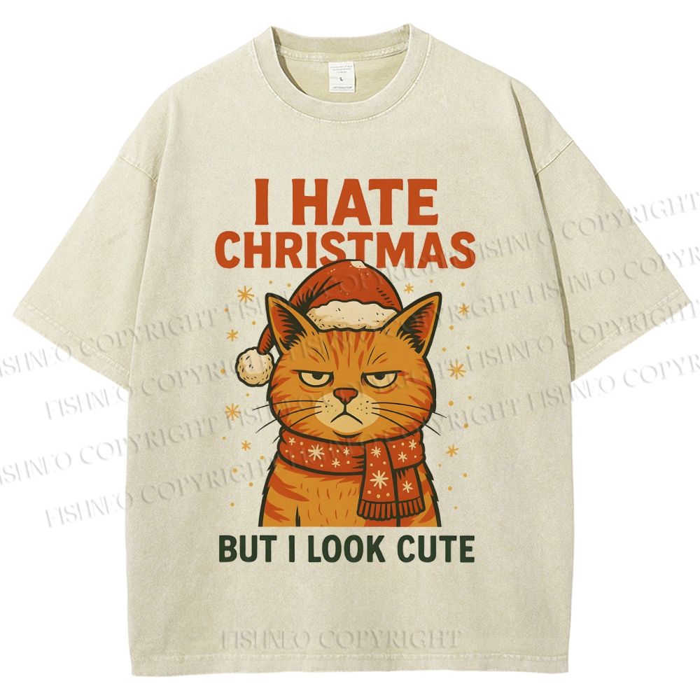 Unisex I Hate Christmas Cat Printed Washed Tee