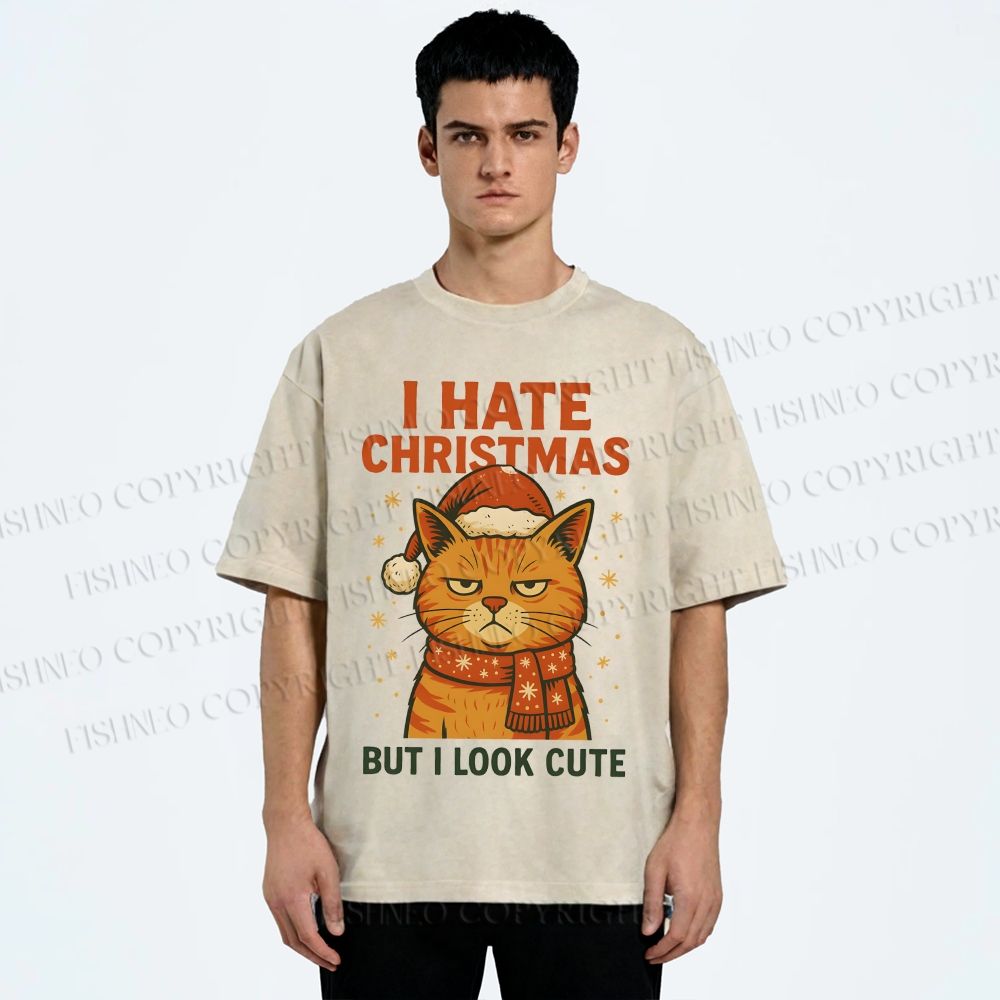 Unisex I Hate Christmas Cat Printed Washed Tee