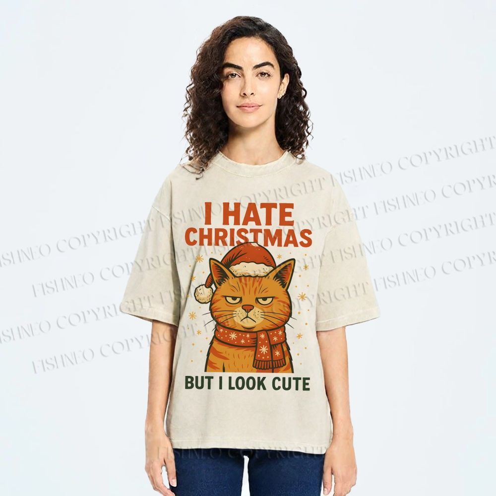 Unisex I Hate Christmas Cat Printed Washed Tee
