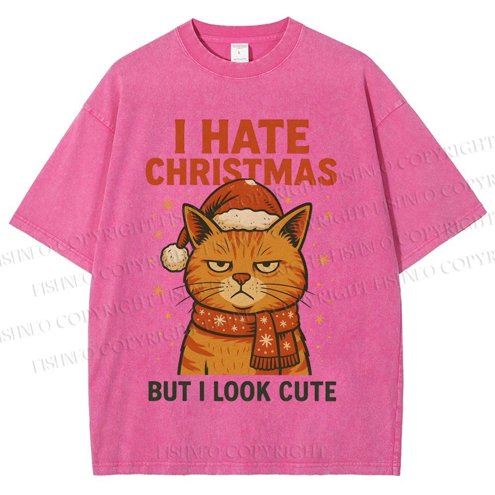Unisex I Hate Christmas Cat Printed Washed Tee