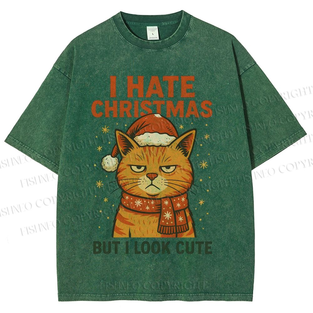 Unisex I Hate Christmas Cat Printed Washed Tee