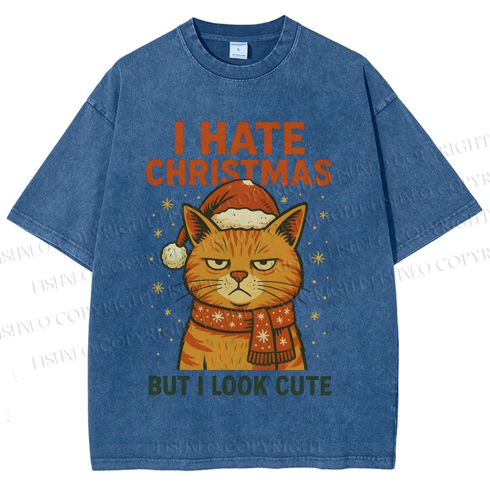 Unisex I Hate Christmas Cat Printed Washed Tee