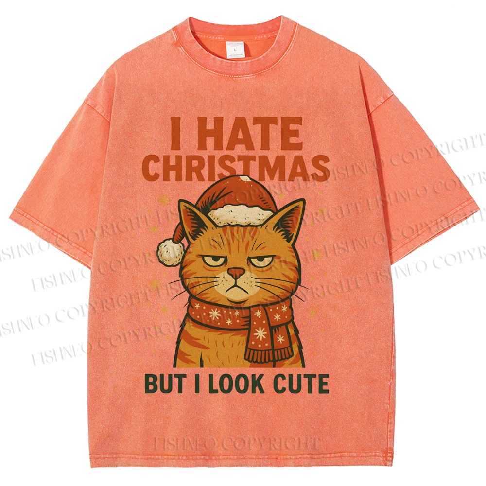 Unisex I Hate Christmas Cat Printed Washed Tee