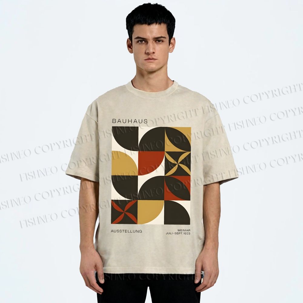 Unisex Bauhaus Geometric Color Blocks Printed Washed Tee