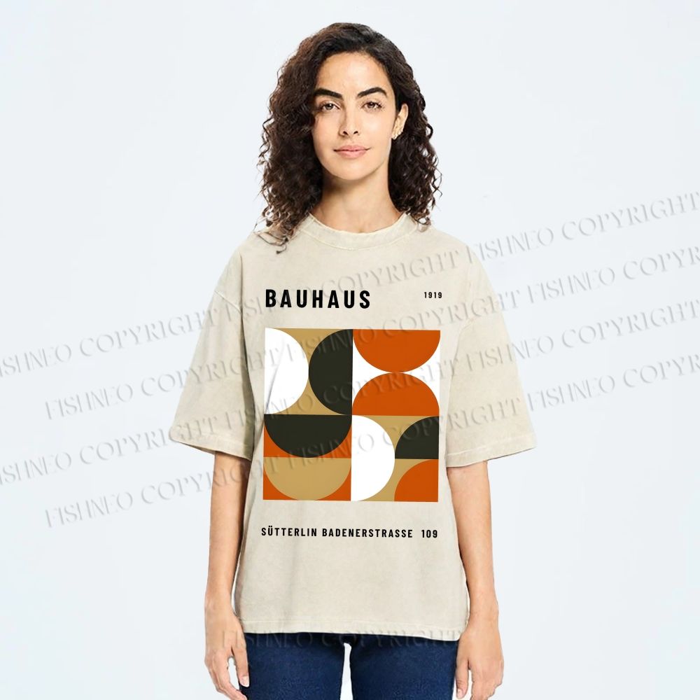 Unisex Bauhaus Geometric Color Blocks Printed Washed Tee