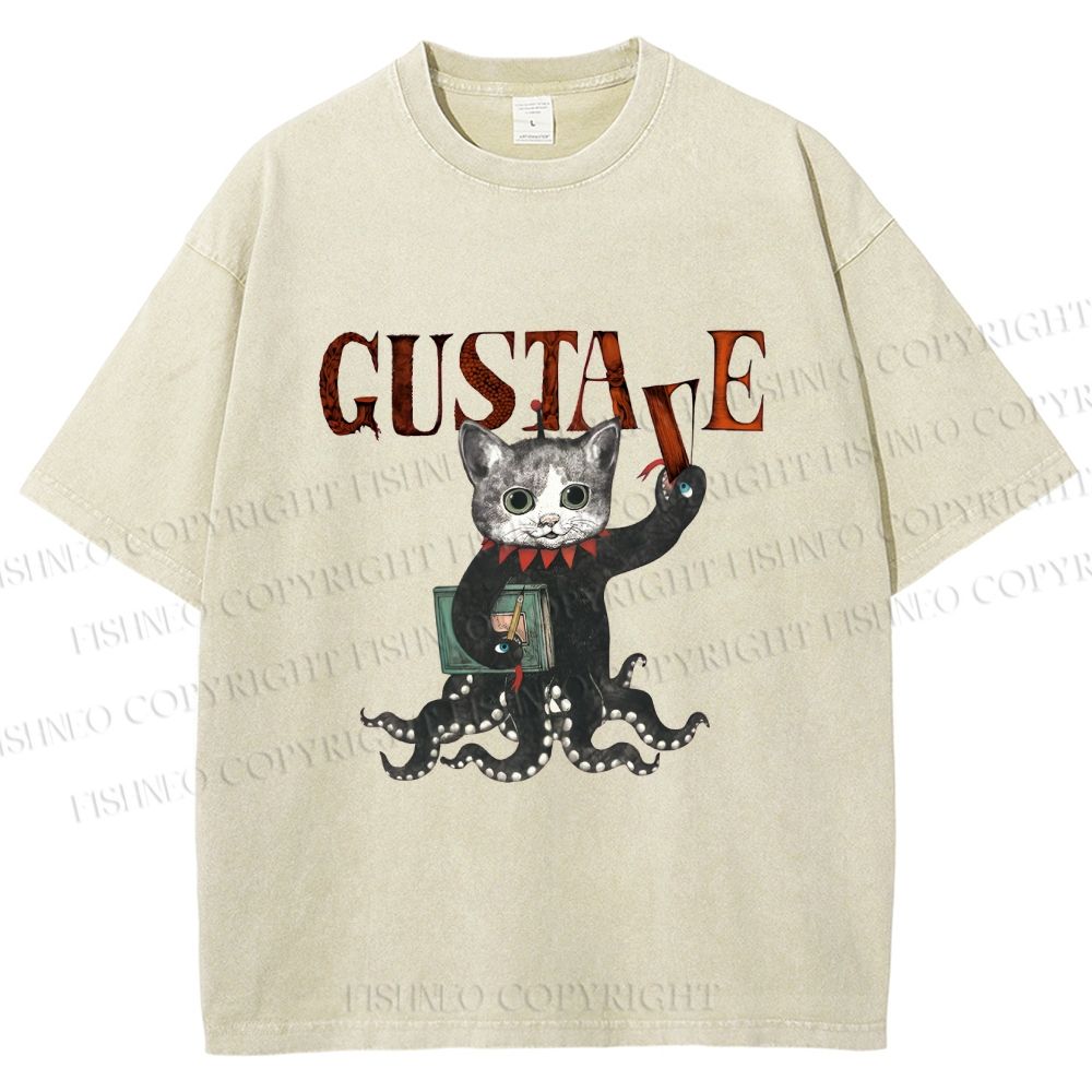 Unisex Gustave Octopus Cat Printed Washed Tee