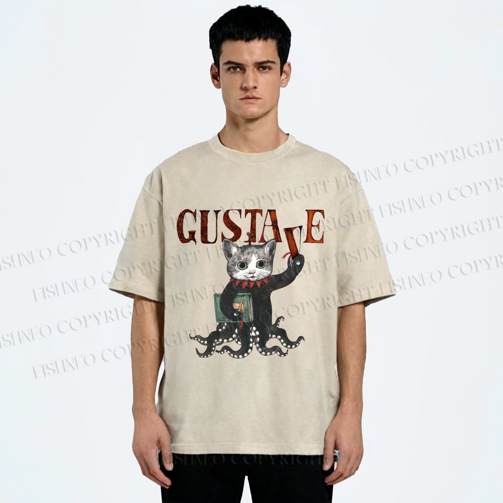 Unisex Gustave Octopus Cat Printed Washed Tee