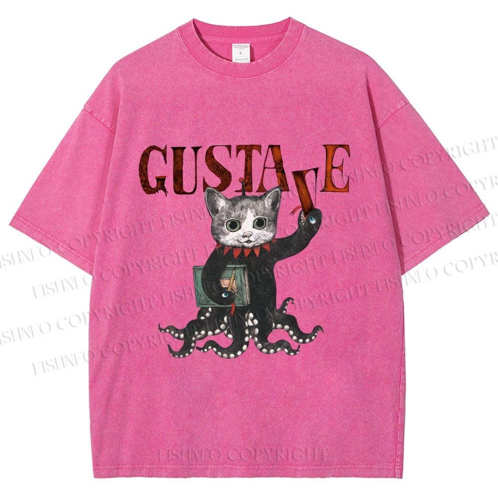 Unisex Gustave Octopus Cat Printed Washed Tee