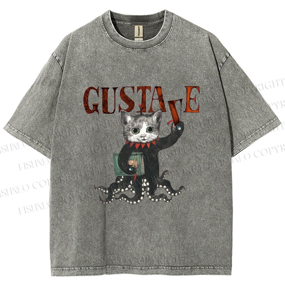 Unisex Gustave Octopus Cat Printed Washed Tee