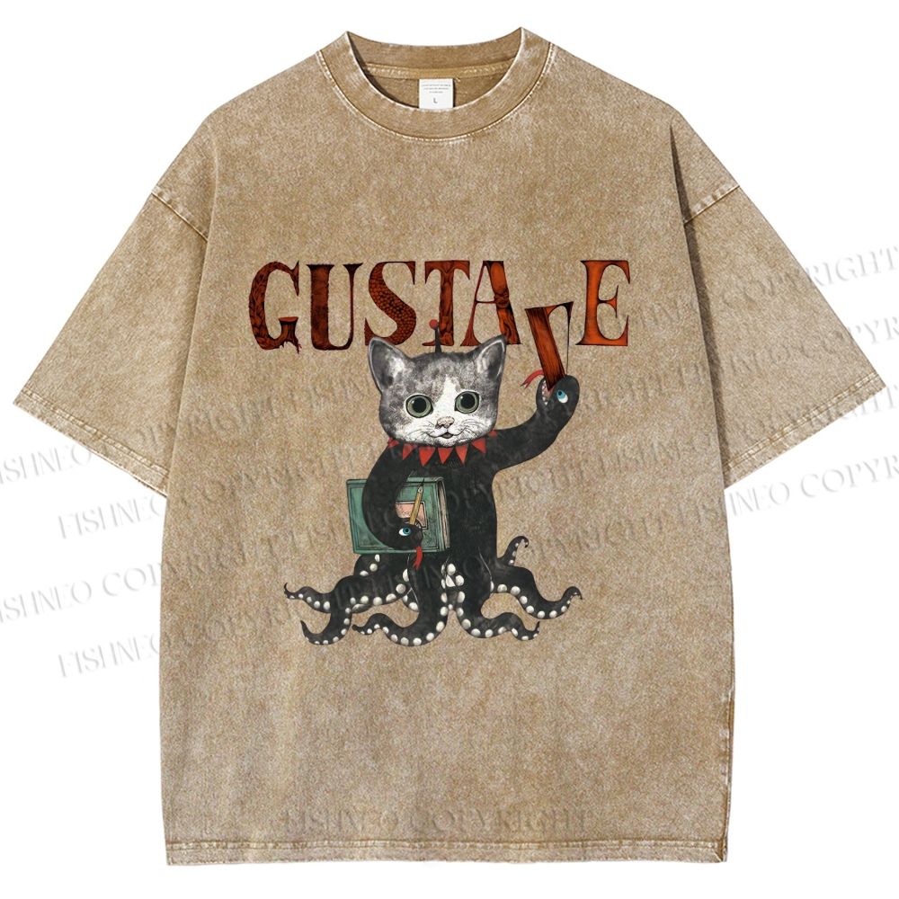 Unisex Gustave Octopus Cat Printed Washed Tee