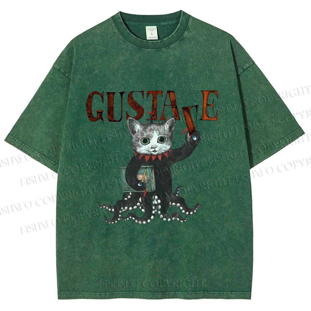 Unisex Gustave Octopus Cat Printed Washed Tee