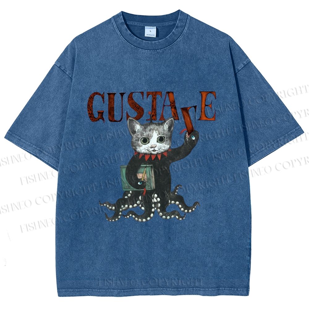 Unisex Gustave Octopus Cat Printed Washed Tee