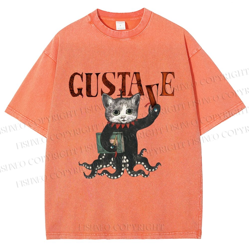 Unisex Gustave Octopus Cat Printed Washed Tee