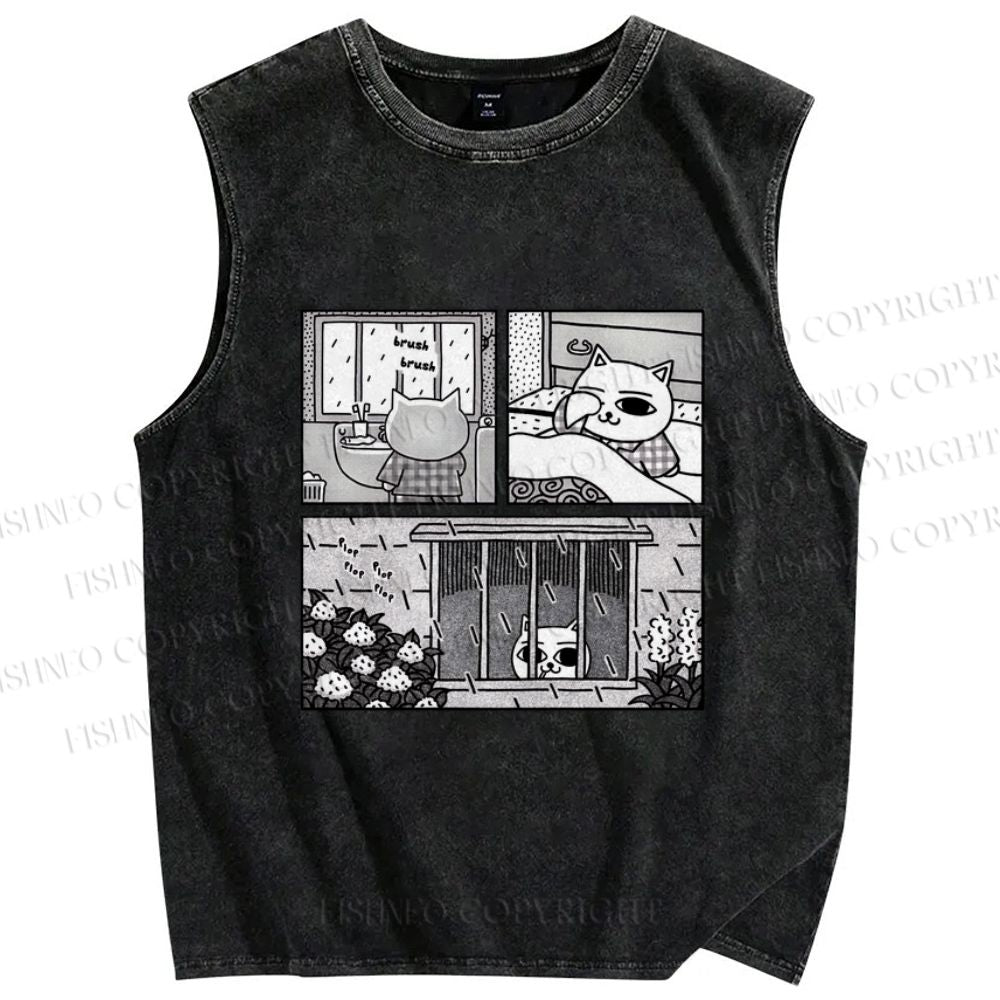 Unisex Cat in Rainy Comic Printed Washed Tank Top