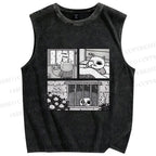Unisex Cat in Rainy Comic Printed Washed Tank Top