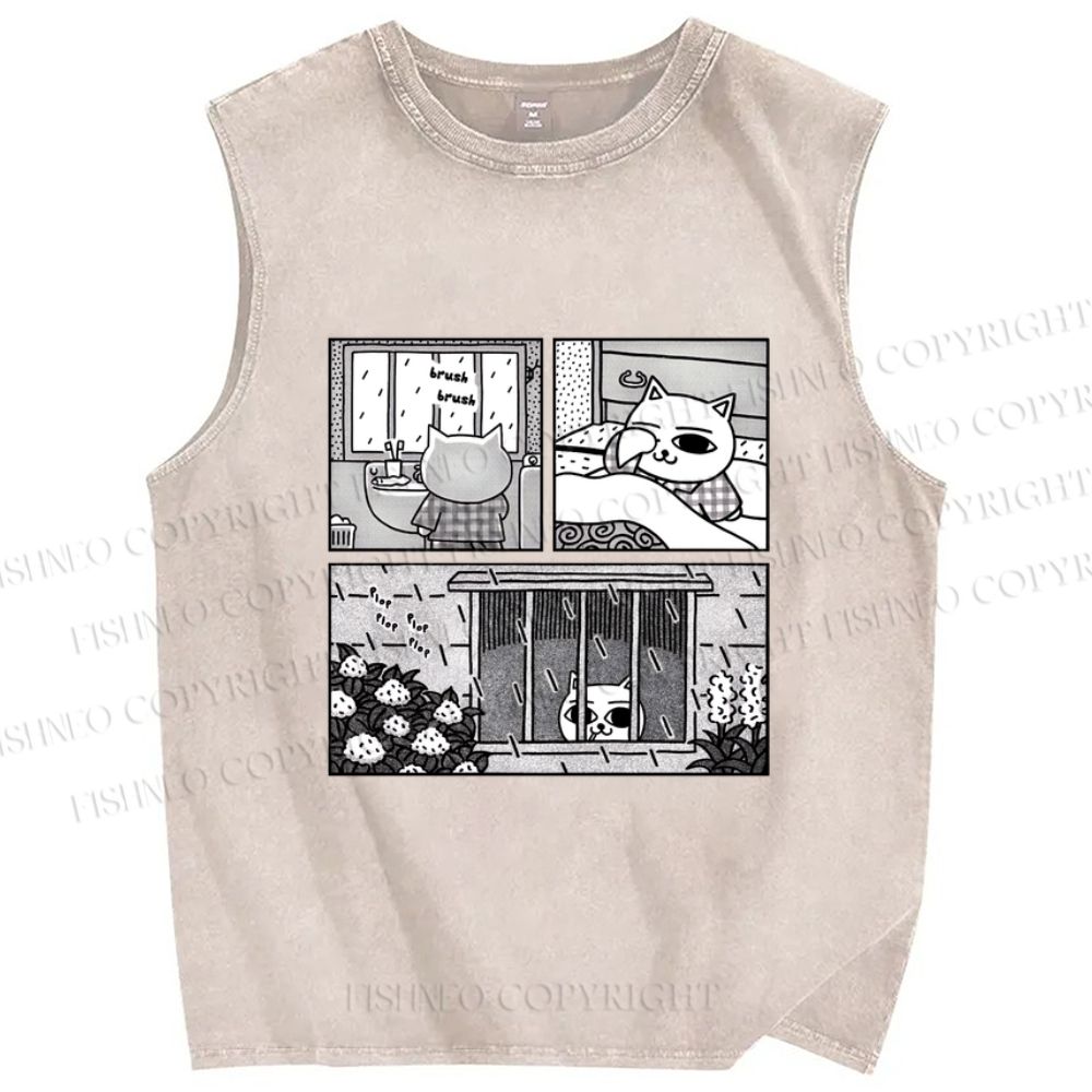 Unisex Cat in Rainy Comic Printed Washed Tank Top