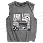 Unisex Cat in Rainy Comic Printed Washed Tank Top