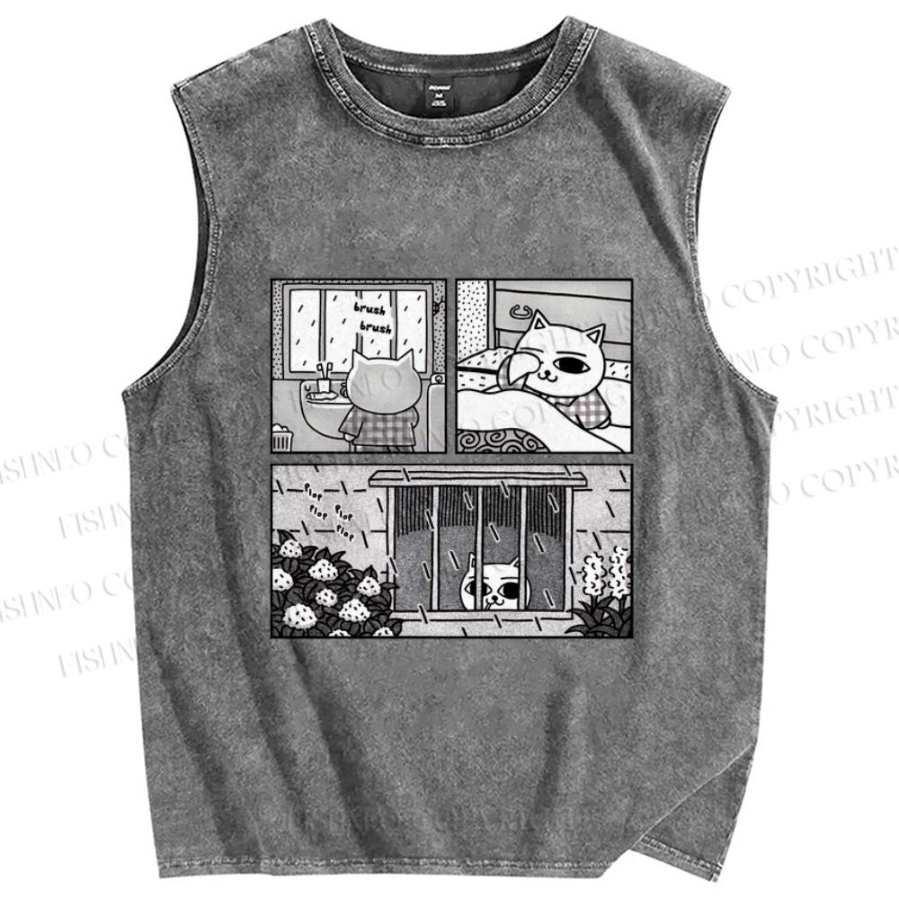 Unisex Cat in Rainy Comic Printed Washed Tank Top