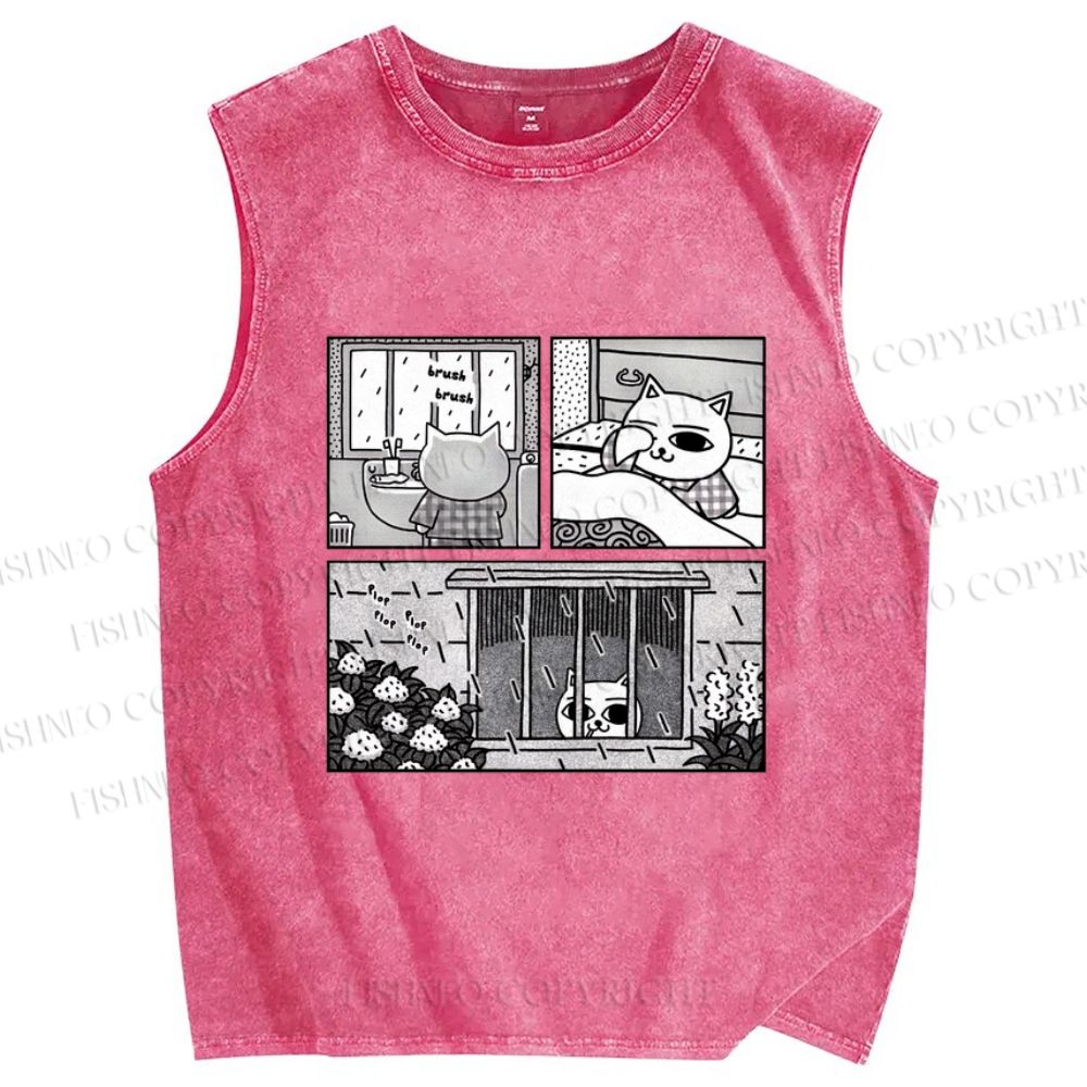 Unisex Cat in Rainy Comic Printed Washed Tank Top