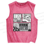 Unisex Cat in Rainy Comic Printed Washed Tank Top