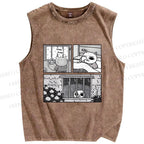 Unisex Cat in Rainy Comic Printed Washed Tank Top