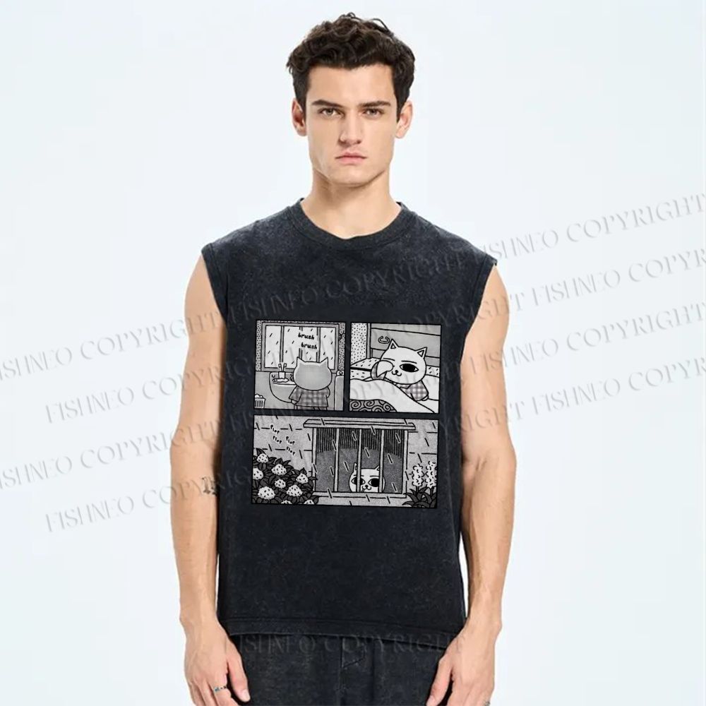 Unisex Cat in Rainy Comic Printed Washed Tank Top
